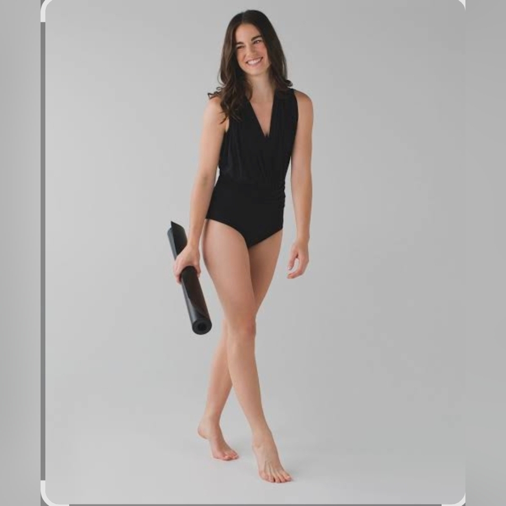 LULULEMON Size XS Solid Black One-Piece Leotard TONIGHT'S THE NIGHT Faux Wrap